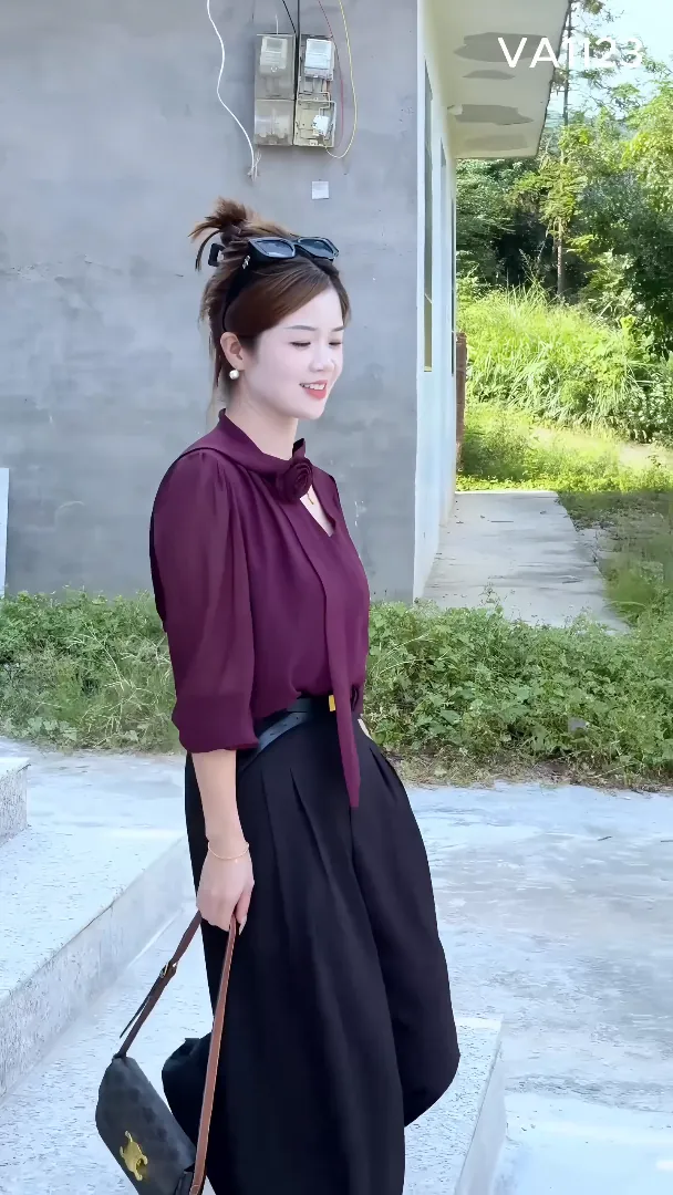 Bộ sơ mi cổ thắt nơ hoa và quần ống rộng VA1123 – P'ranis – ảnh 4