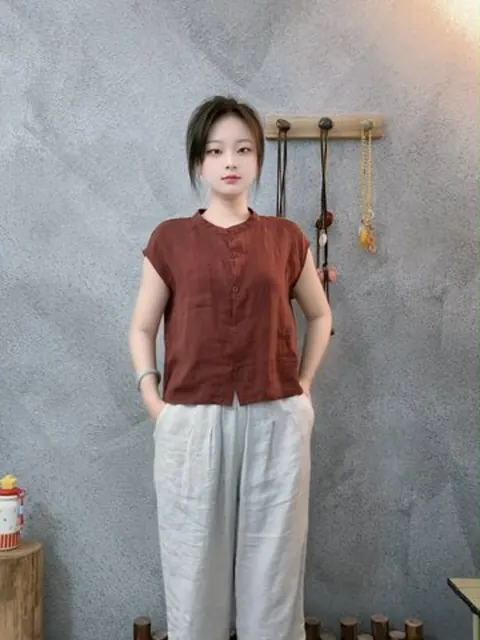 Set áo linen cổ trụ & quần suông linen P02VA1783 – P'ranis