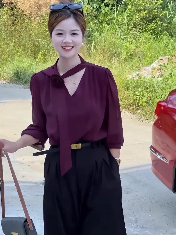 Bộ sơ mi cổ thắt nơ hoa và quần ống rộng VA1123 – P'ranis