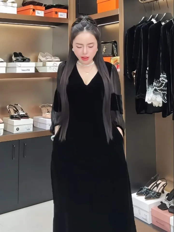 Váy nhung cổ V dáng dài VA1693 – P'ranis