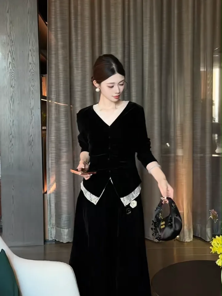 Set áo nhung cổ V và chân váy dài VA1809 – P'ranis