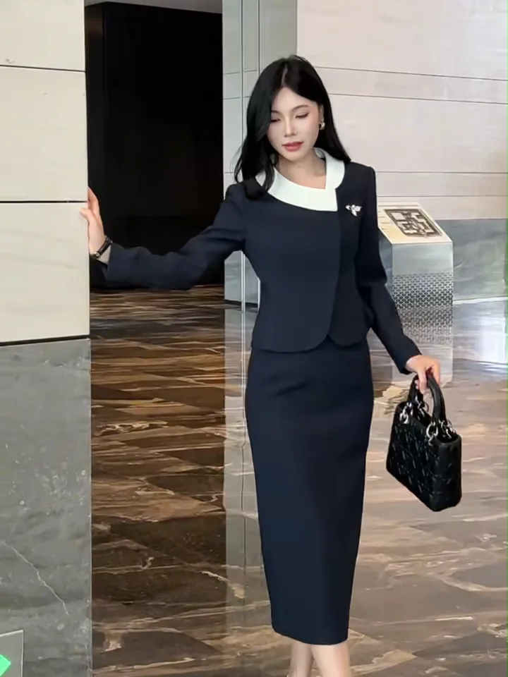 Set áo vest cổ phối trắng và chân váy bút chì VA1812 – P'ranis