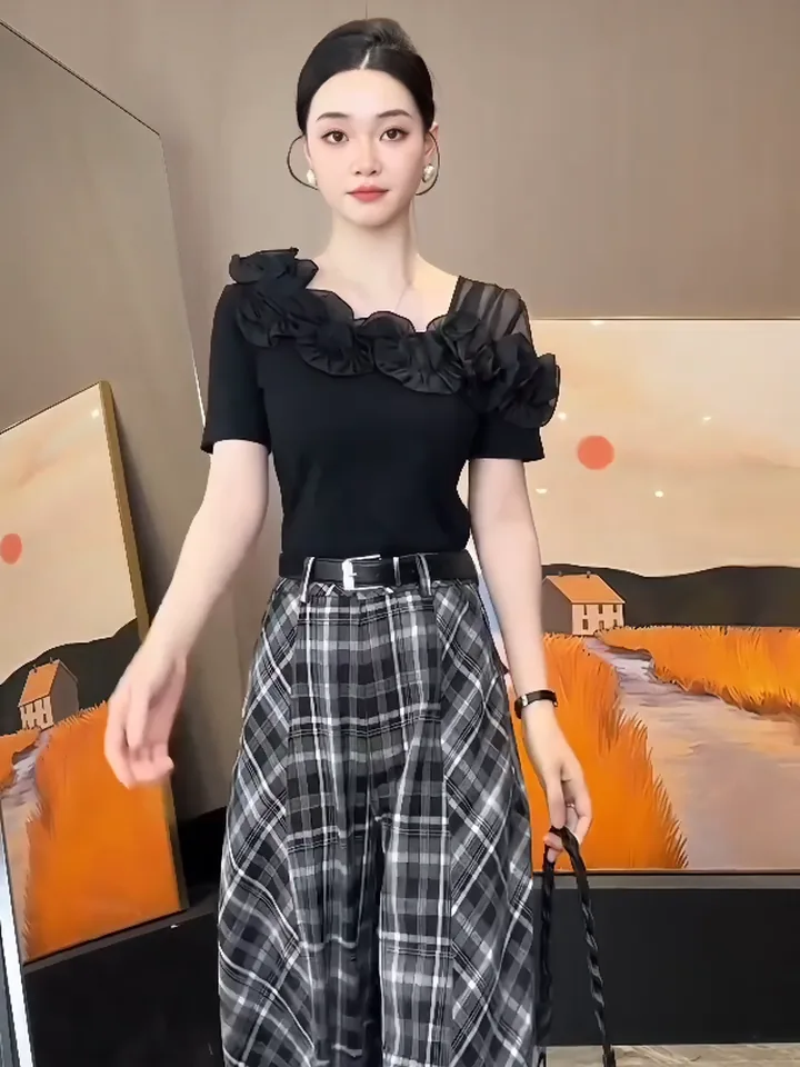 Set áo cổ bèo và chân váy caro xoè dài VA763 – P'ranis